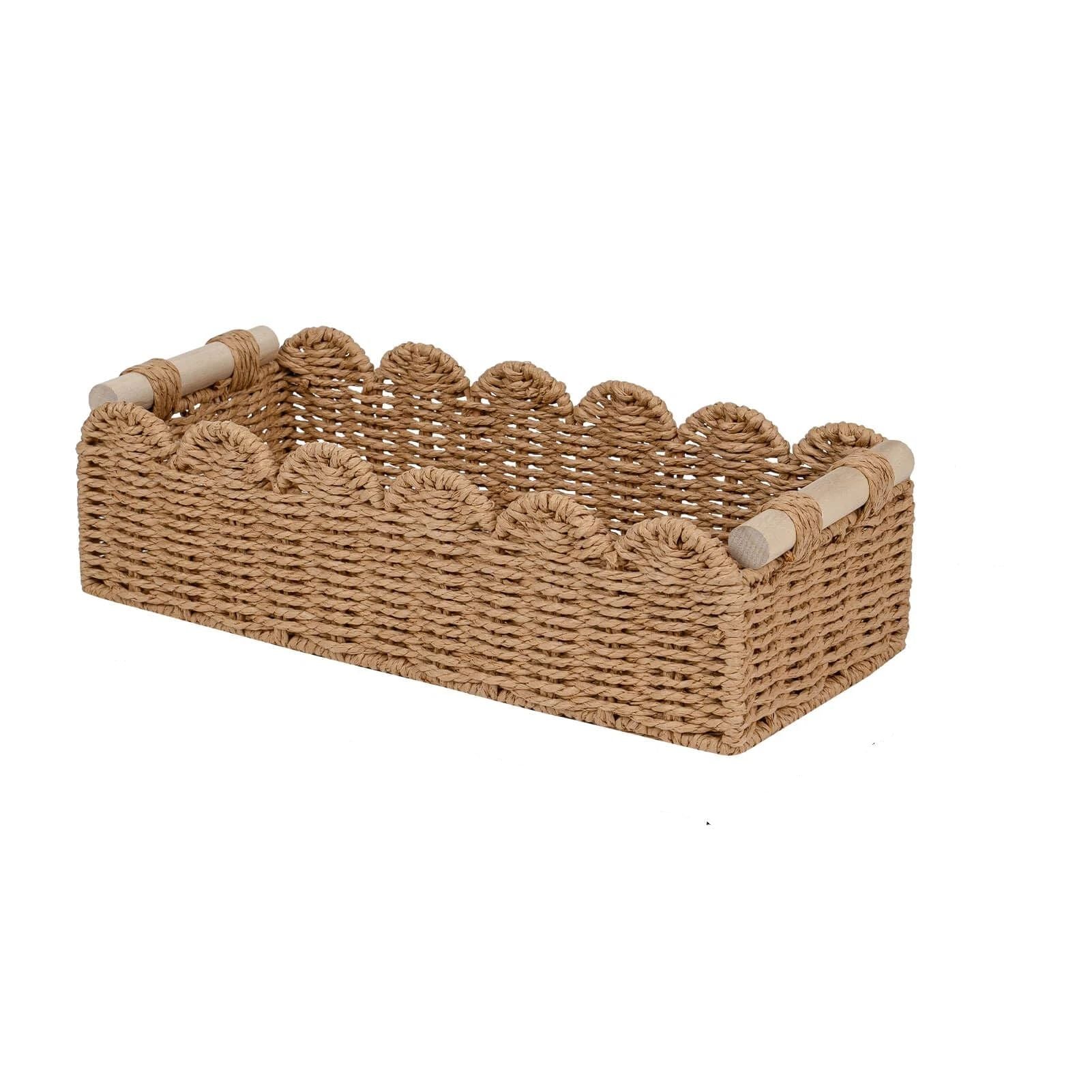 Toilet Paper Storage Basket  Edge Home Decor Basket, Living Room Cozy Decor, Paper Rope Small Baskets for Over Toilet Storage Shelf, End Table, Shelves, with 2 Wooden Handles, Brown 30*12.5*7.5cm，The packaging only includes one paper basket