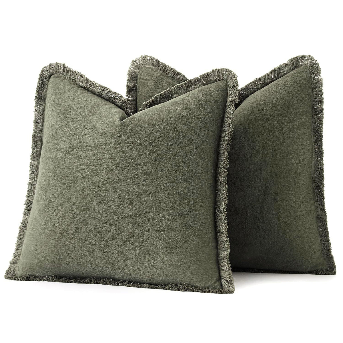Set of 2 Decorative Linen Fringe Throw Pillow Covers Cozy Boho Farmhouse Cushion Cover with Tassels Soft Accent Pillowcase for Couch Sofa Bed Living Room Home Decor,20×20 Inch,Olive Green（The packaging only includes two pillowcases and does not include th