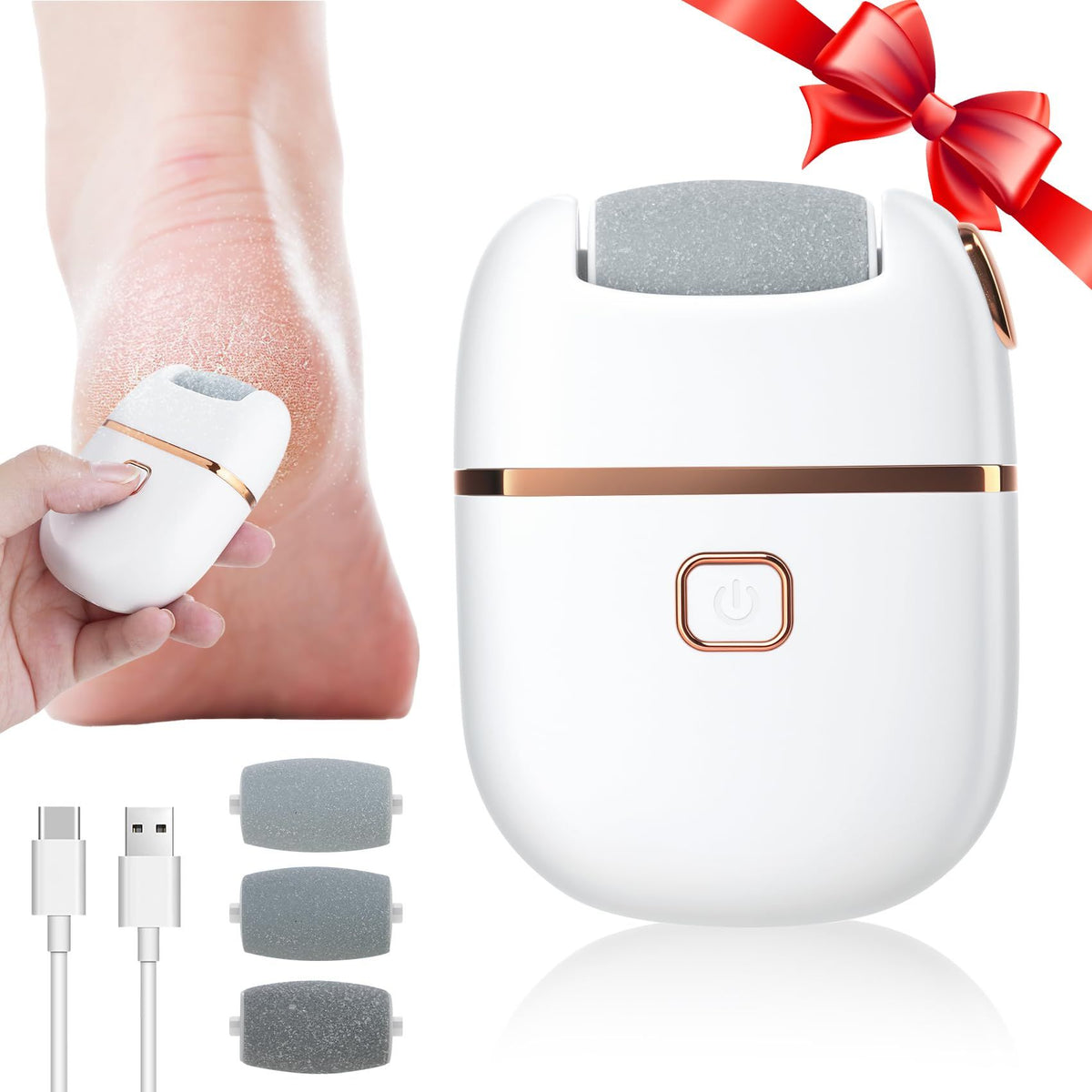 Electric Foot File Electric Foot Callus Remover,  Rechargeable Pedicure Tools for Feet, 2 Speeds, 3 Grinding Head Replacement Set for Dead Hard Cracked Dry Skin - White（13.5*11*3.3CM
）