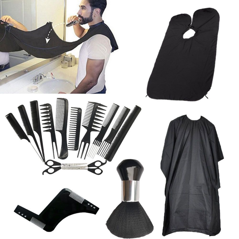 Generic Professional Hairdressing Kit 16 Pieces: Scissors, Combs, Umbrella Cape, Apron and Accessories for Barbers and Stylists, Black