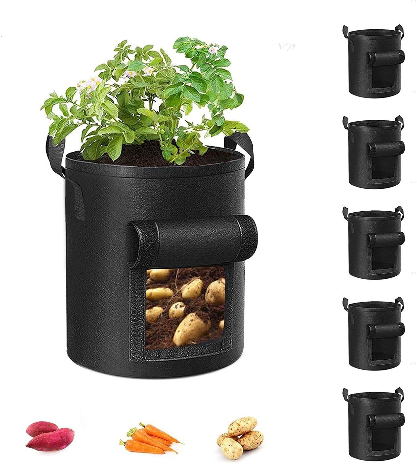 5-Pack  Potato Grow Bags, Garden Planting Bag with Reinforced Handle, Thickened Nonwoven Fabric Pots for Tomato, Vegetable and Fruits（23*28cm)
