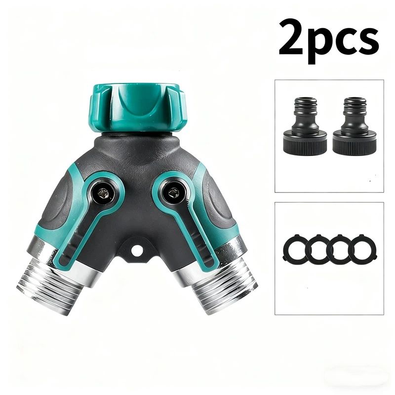 Hose Splitter 2 Way Heavy Duty Outdoor Faucet and Garden Connector - Water Spigot Splitter - Durable All-Metal Adapter（Interface diameter 2.5cm, height 9cm),Dark Green ,2pcs