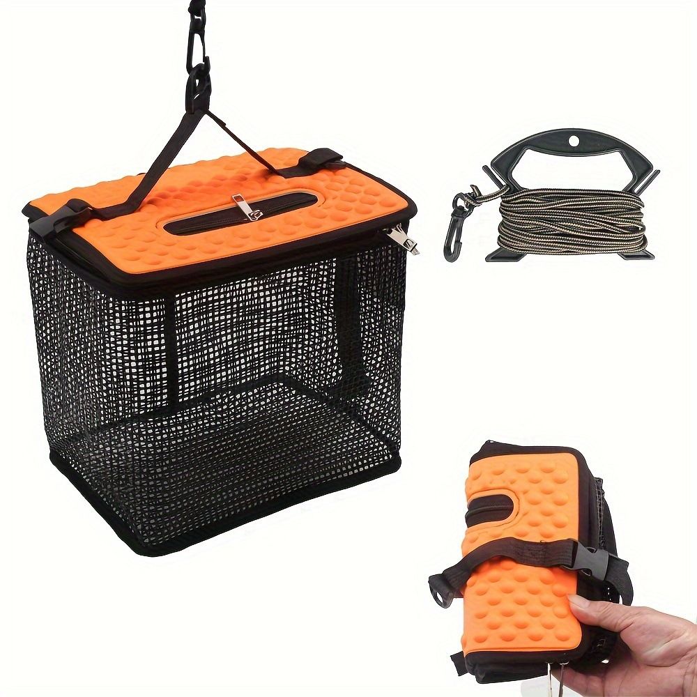 Floating Fish Basket for Live Caught,  Foldable Fishing Holder Bucket Portable Collapsible Fishing Net Storage Cage for Live Fish Bait Live Well（28.45*22.1*24.89cm)