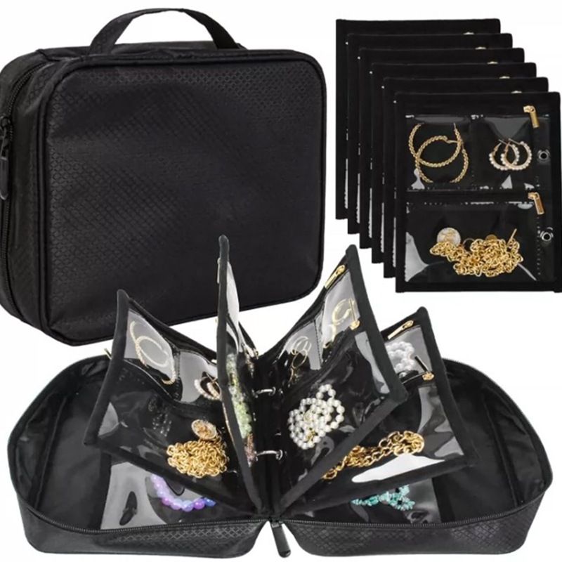 Travel Jewelry Organizer Case,Jewelry Bags for Traveling, Jewelry Binder with6Pcs Clear Zipper Velvet Pouches for Storing Earrings, Ring(Black，20*25*8cm)