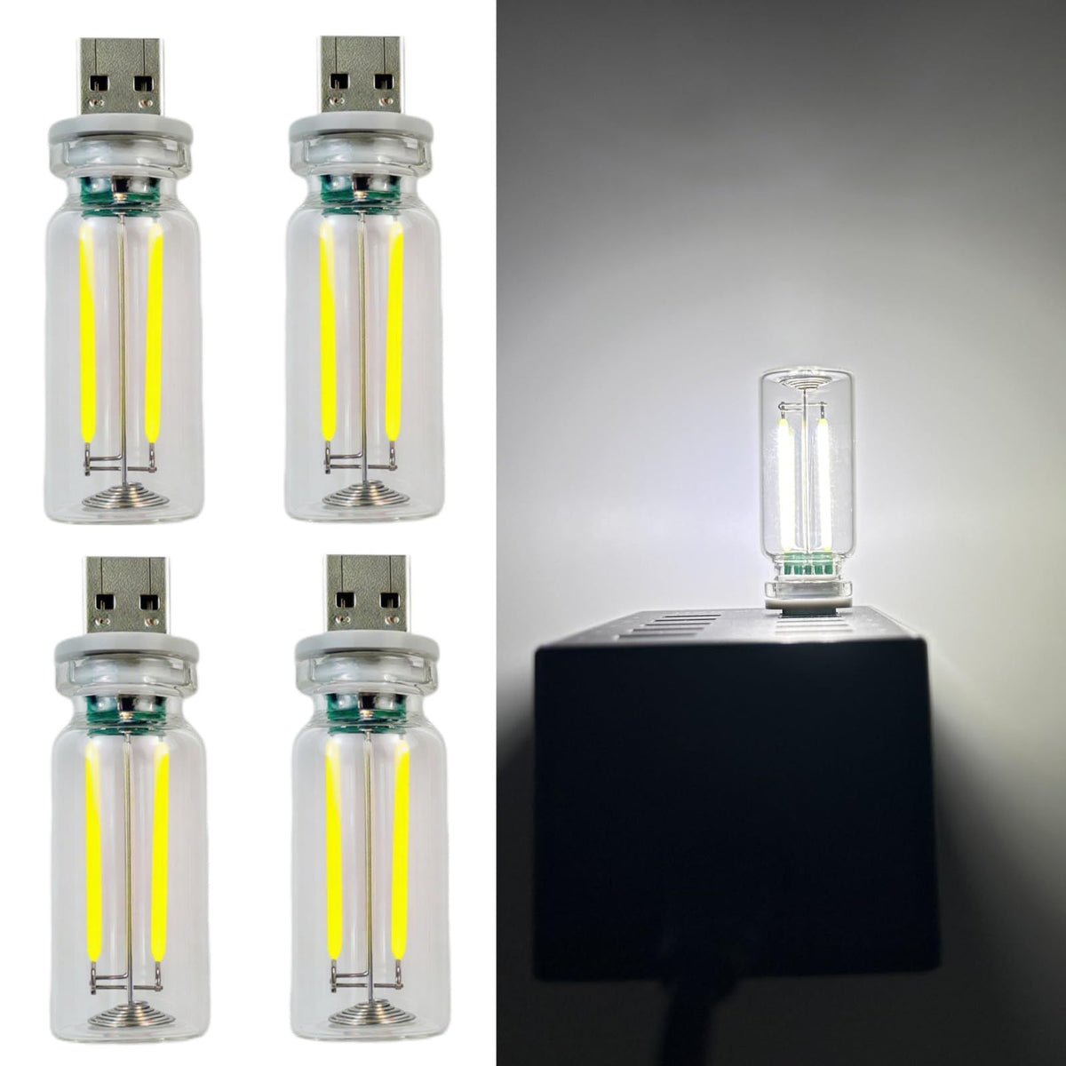 4 PCS Car USB Lights, Plug-in Retro Car Atmosphere Lamp with Touch Dimmable, Portable Mini Glass Bottle LED Bulb Night Lights for Vehicle Bedroom Hallway Camping Holiday Decoration (white)