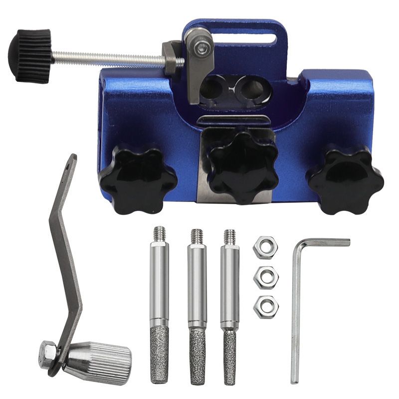 Portable Hand Crank Tool with 3 Sharpening Rods, Storage Bag, Gloves & Cleaning Brush - Chainsaw Sharpening Jig Kit for Chain Saw and Electric Saw blue