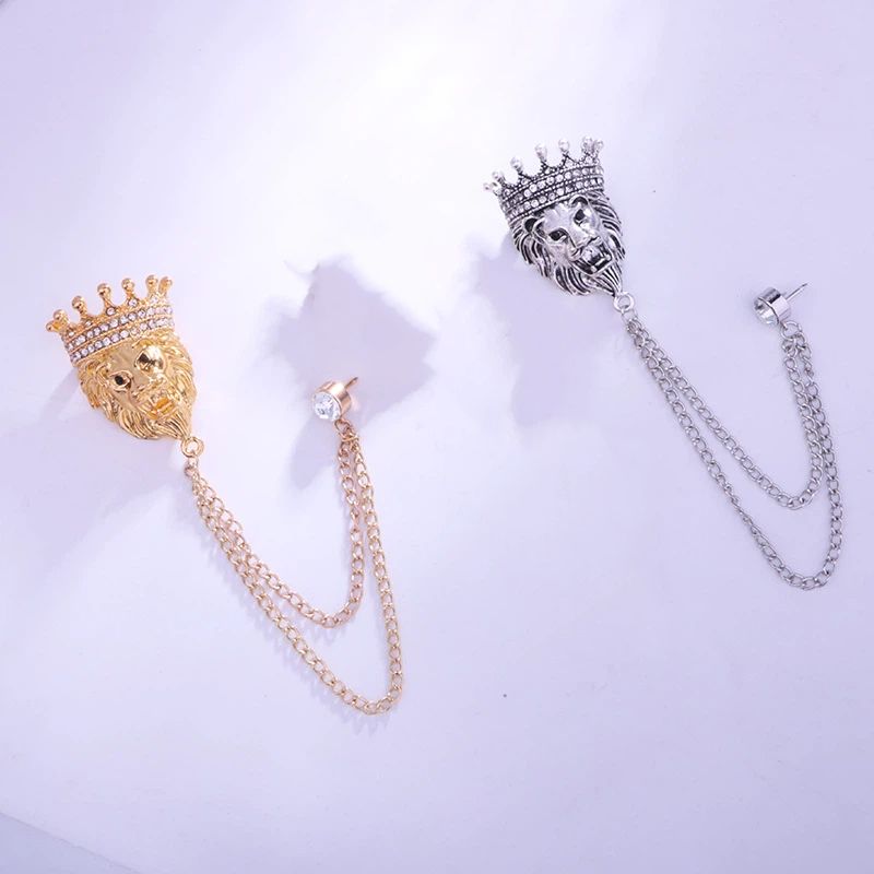 2 pack Vintage Men Crowned Lion King With Stone Hanging Chain Brooch Pins Lapel Pin, Suit Coat for Women Accessories