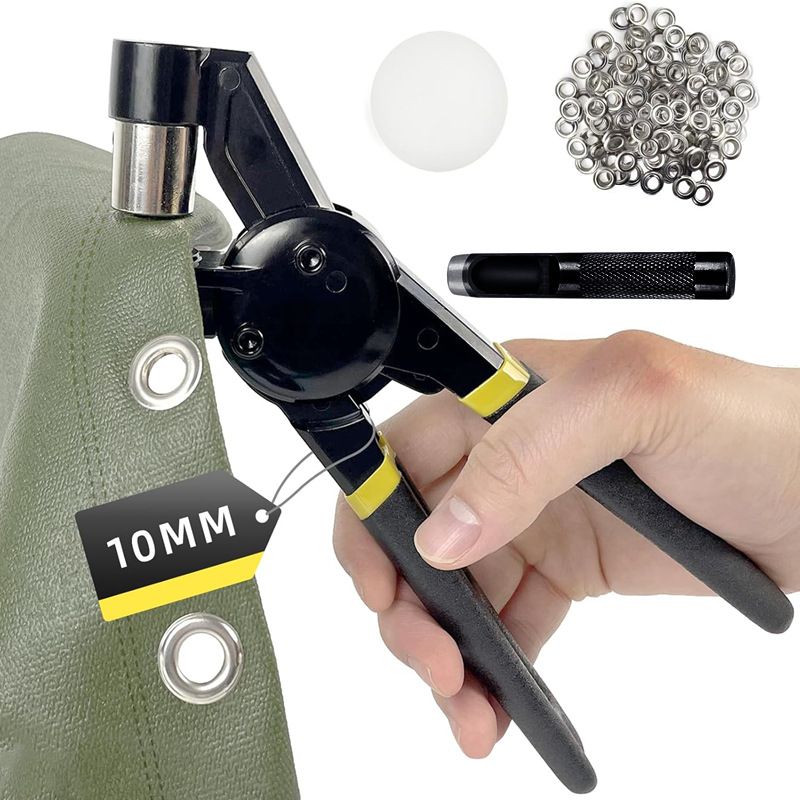 Grommet Tool Kit, Handheld Eyelet Kit Manual Grommet Press Machine with 200 pcs 10 mm Grommets（gold + silver）