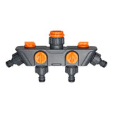 4-Way Distributor, 4 Ports, Orange, Metal/Plastic, Ball Valve, Garden Valve, Connector, Distributor