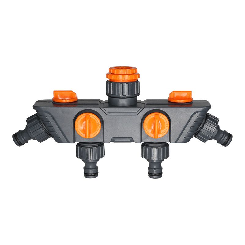 4-Way Distributor, 4 Ports, Orange, Metal/Plastic, Ball Valve, Garden Valve, Connector, Distributor