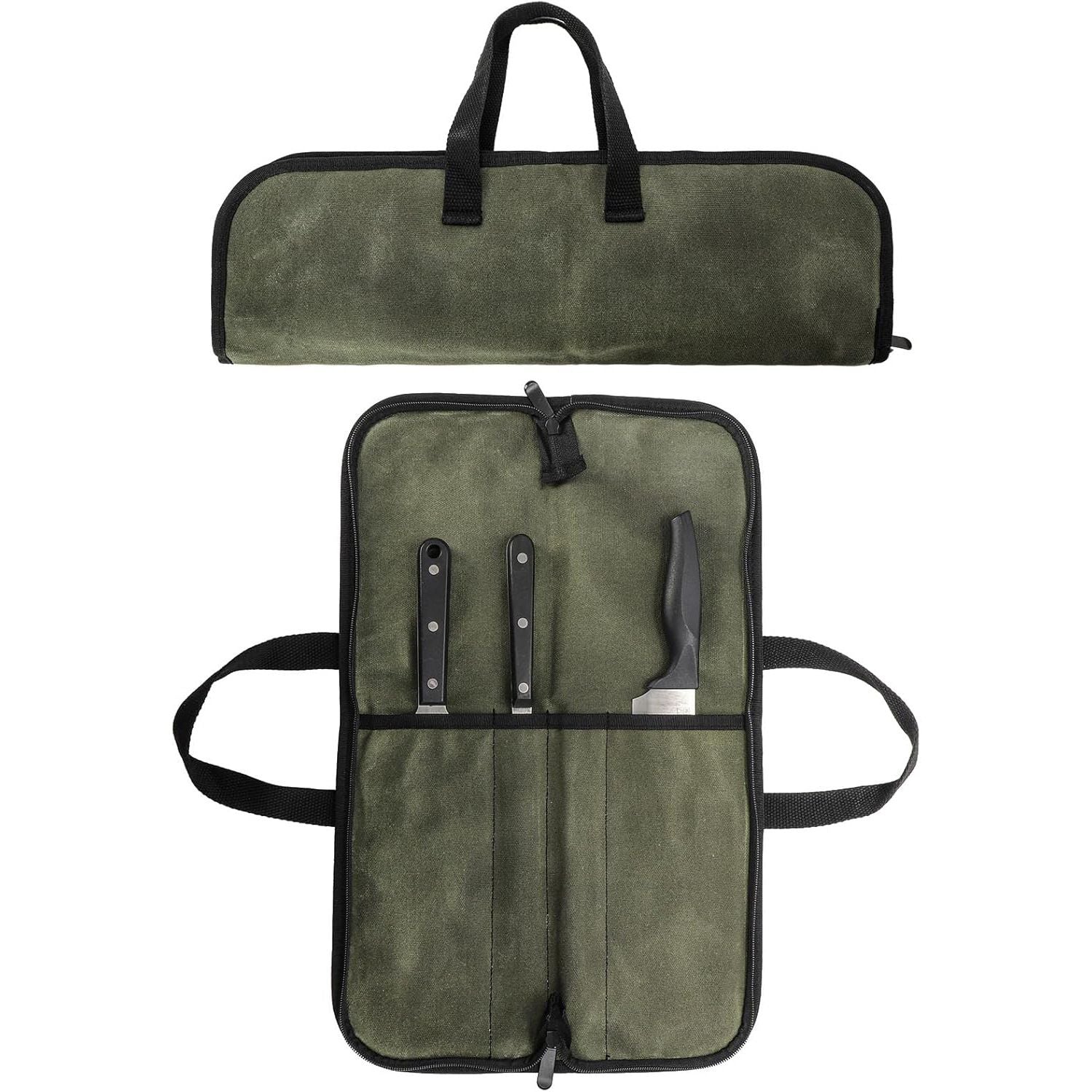 Chef Knife Roll Bag with 4 Slots, Heavy Duty Waxed Canvas Knife Bag with Handle, Kitchen Knife Storage, Portable Knife Carrying Case (Only one kitchenware storage bag)