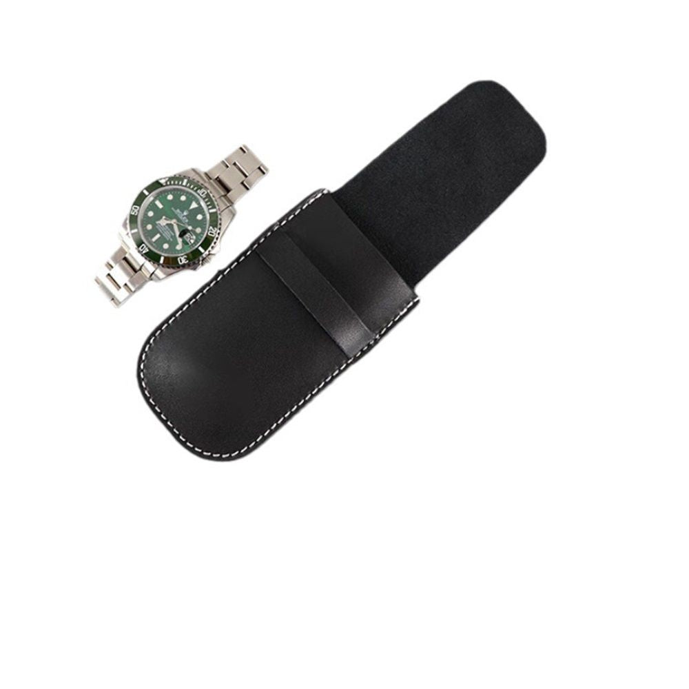 Leather Watch Pouches Portable Single Watch Travel Case Travel Bag For Travelling Business Trip (Black）