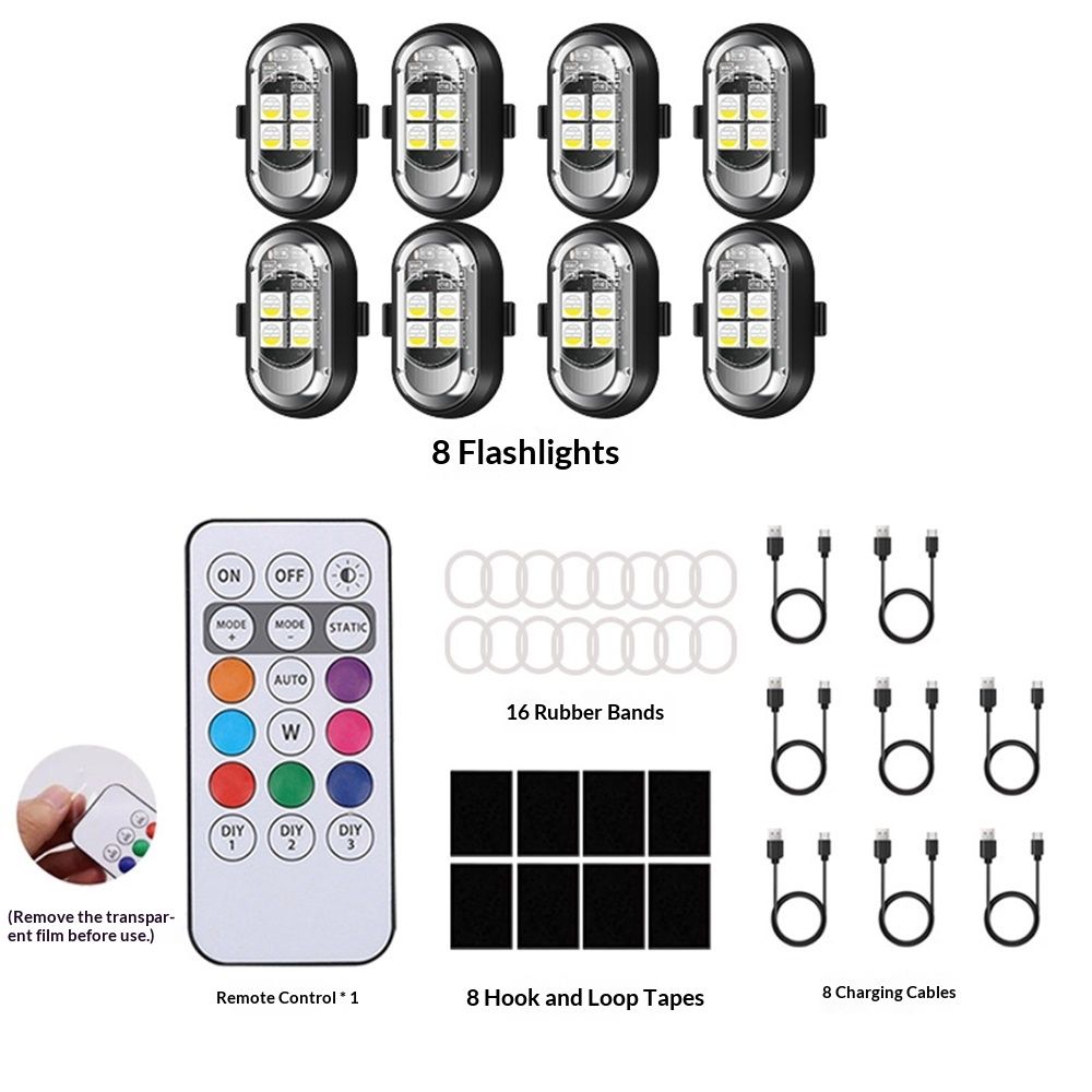 8PCS Wireless LED Lights for Car with Remote Control, Halloween Wireless LED Strobe Lights 7 Colors USB Anti-Collision Warning Light for Car Interior Truck Drone Aircraft Bike
