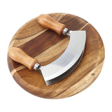 Cutting Board &  Knife - Wooden Chopping Board & 2-Bladed Curved Herb Cutter - Round Wood Board & Double Blade Rocker Chopper