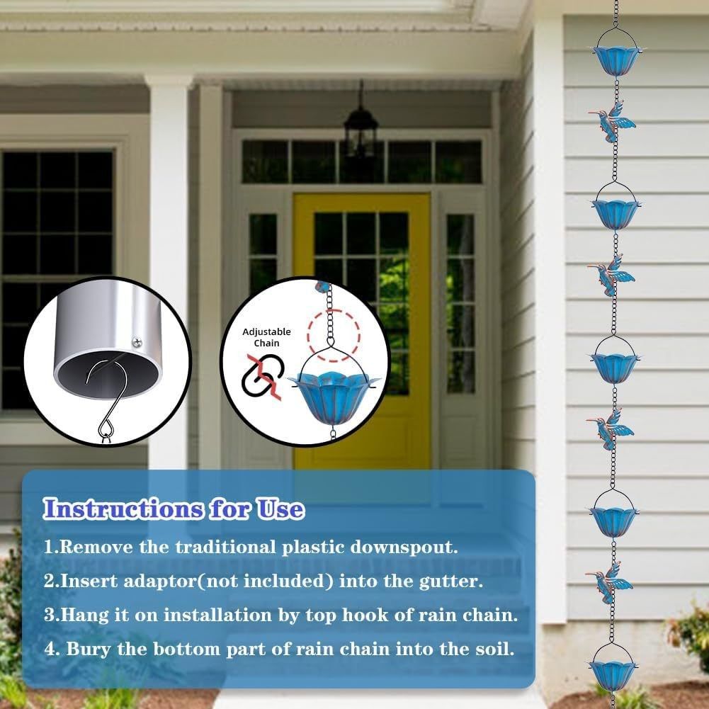 7.87FT Rain Chain, Hummingbird Rain Chains for Outside, Copper Rain Chain Bell with 7 Cups, Decorative Rain Catcher Chain Replacement Downspout for Gutters
