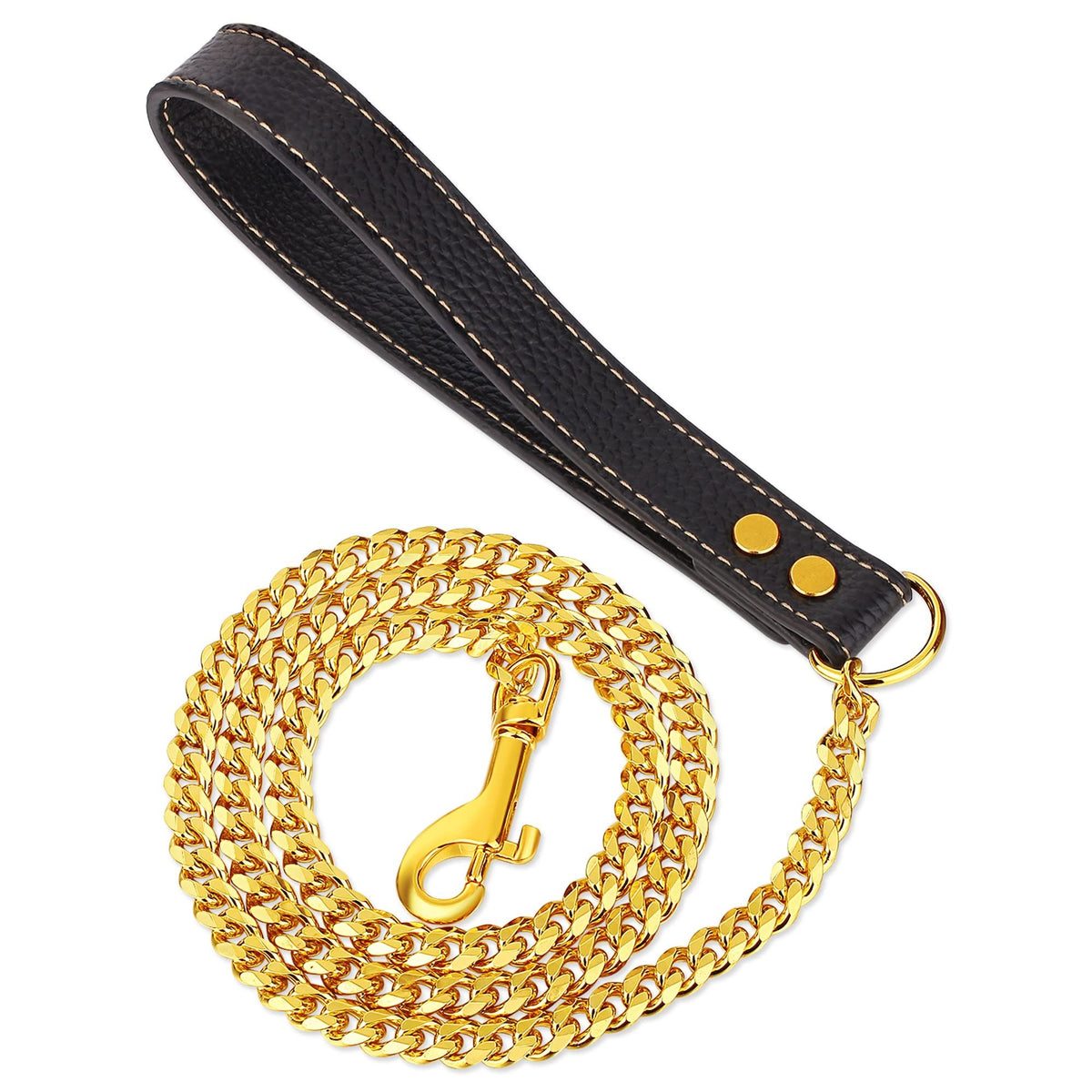 Dog Chain Leather Gold Dog Leather 4FT Stainless Steel 10mm Cuban Chain Dog Leather with Comfortable Handle, Suitable for Small, Medium and Large Dogs