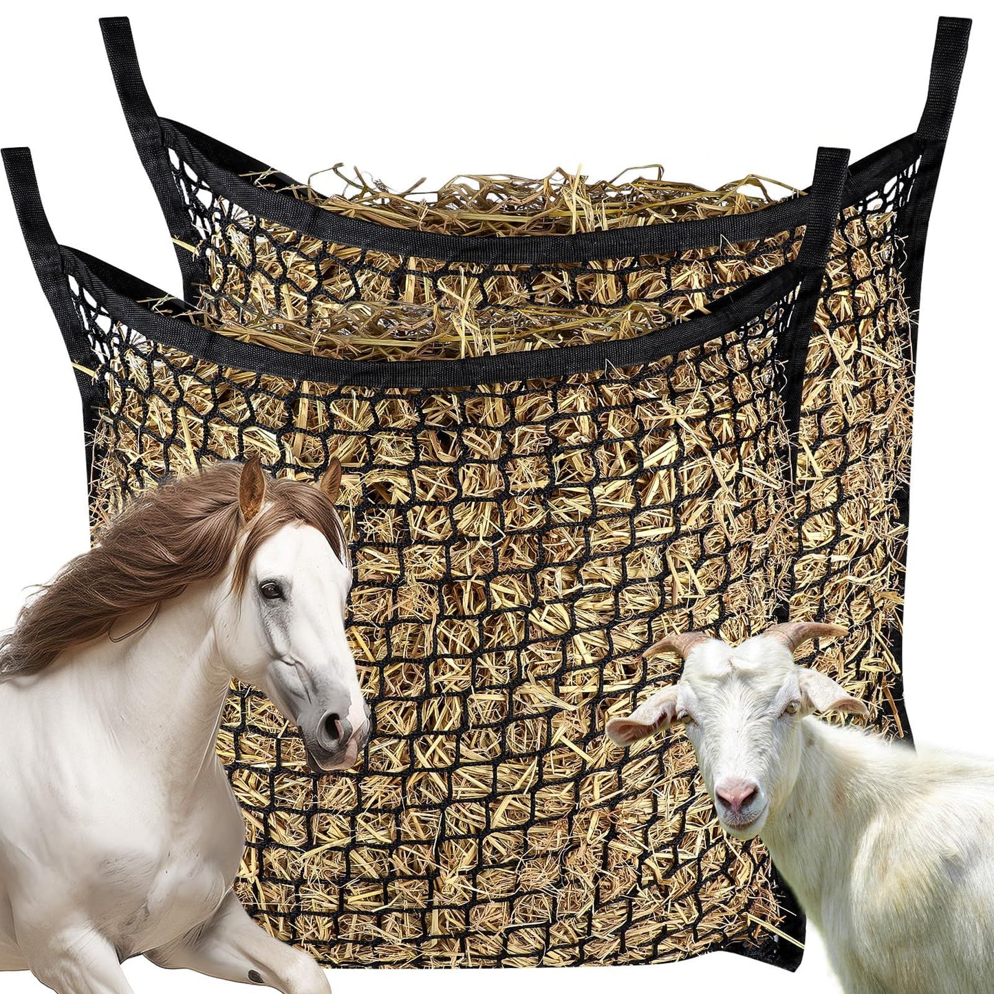 2 PCS Slow Feed Hay Net，31.5" x 35.4"Large Capacity Horse Feed Bag,Horses Hay Bags Easy to Hang for Horse Feeder Full Day Feeding Horses Goat Stall Trailer-Black