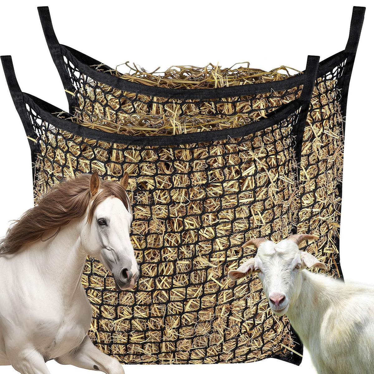 2 PCS Slow Feed Hay Net，31.5" x 35.4"Large Capacity Horse Feed Bag,Horses Hay Bags Easy to Hang for Horse Feeder Full Day Feeding Horses Goat Stall Trailer-Black