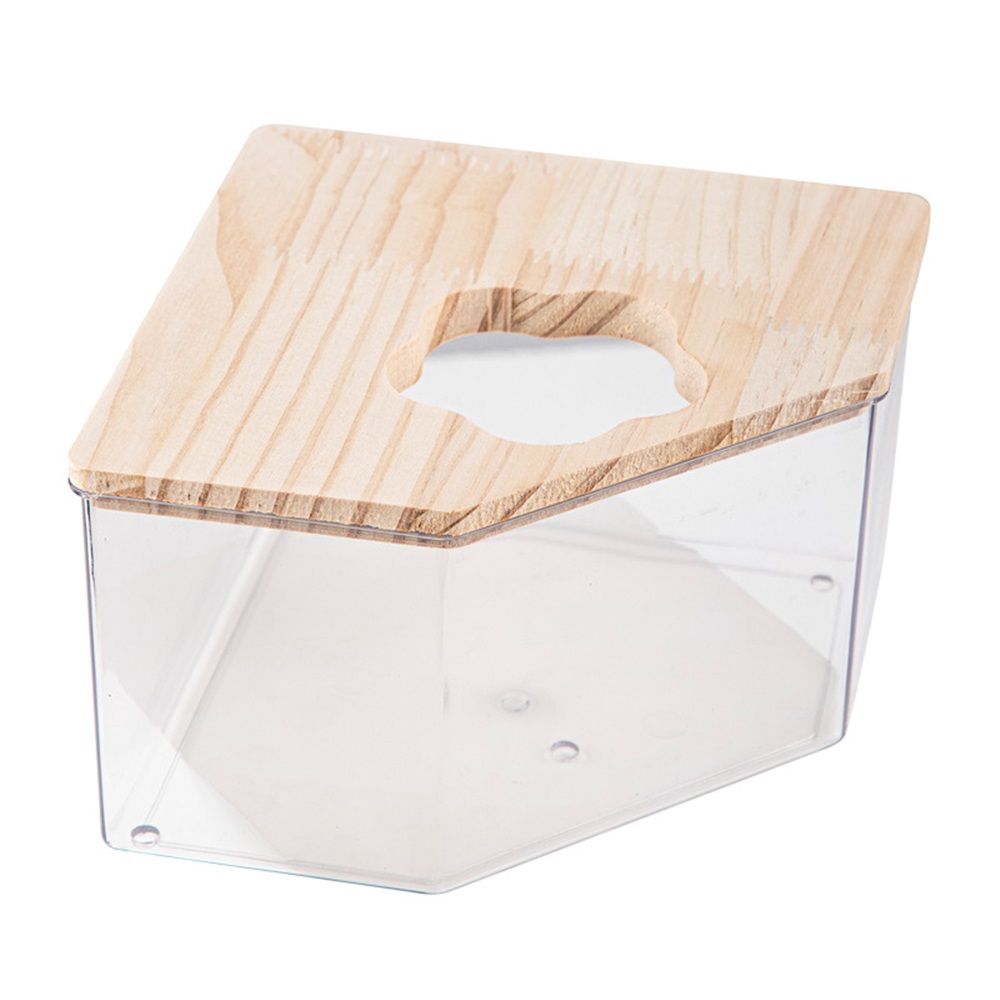Large transparent small animal sand bath container and hamster accessories with natural wooden lid, suitable for hamsters, mice, and lemurs. .. (Triangle)