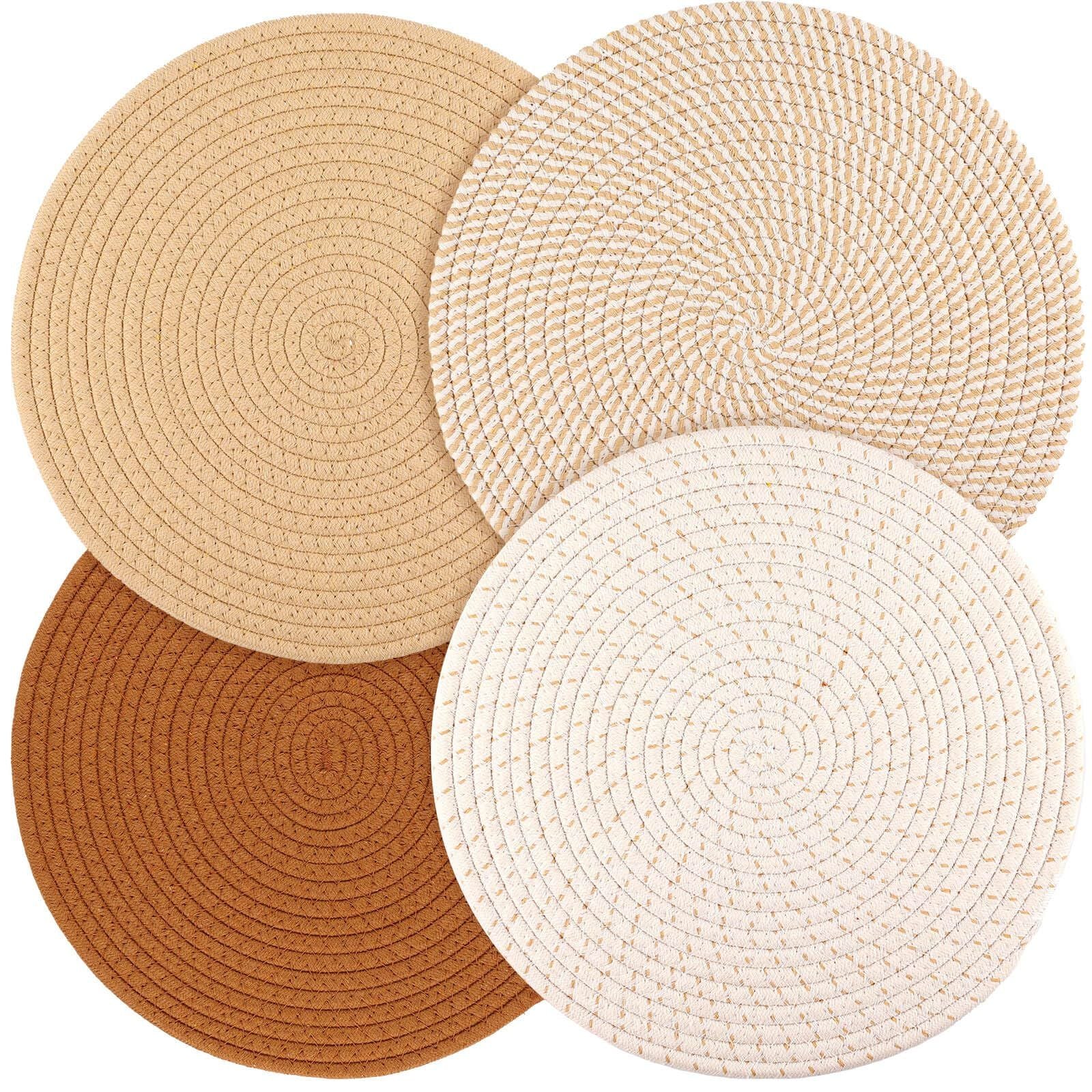 Round Woven Placemats Set of 4, 7.08 Inches Kitchen Table Place Mats for Dining Table, Trivets for Hot Pots and Pans, Boho Table Setting Decor, Fall Decorations for Home (Brown)