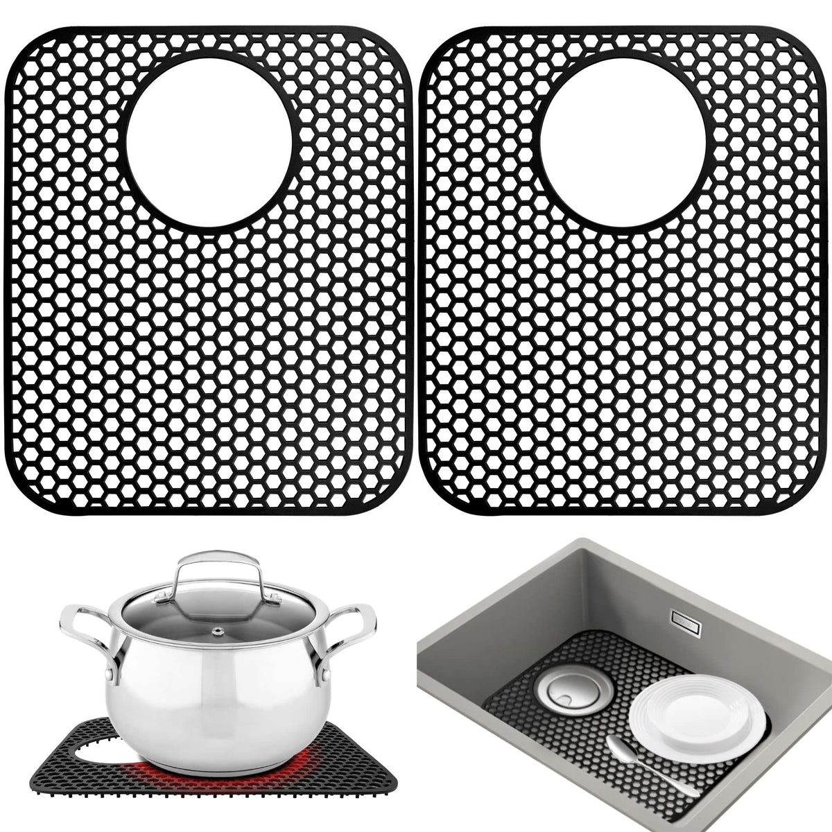 Kitchen Sink Mats, 2PCS Non-Slip Heat Resistant Silicone Sink Protector Mat, Folding Farmhouse Rear Drain Sink Mats (Type2: Side Drain, Black)