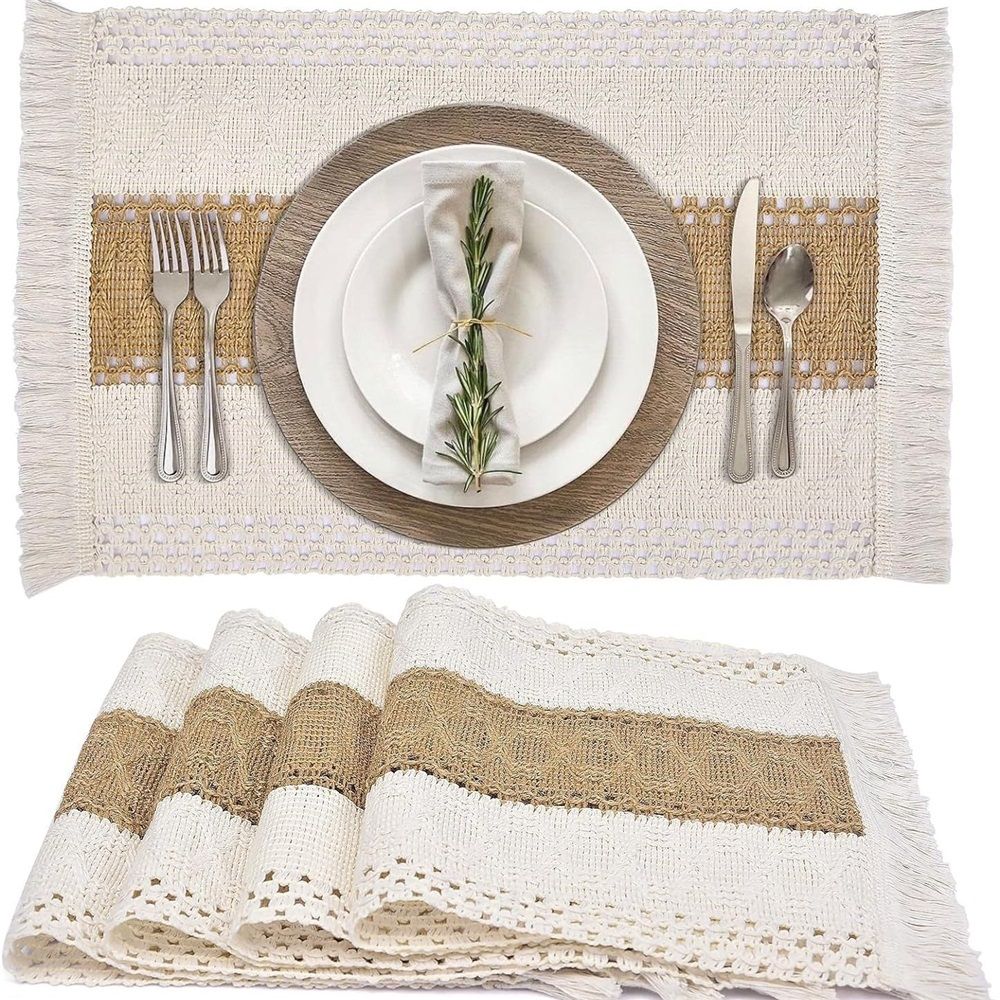 Placemats Set of 4, Table Decor and Farmhouse Style Placemats Cotton hemp , for Dining Table, Caramel