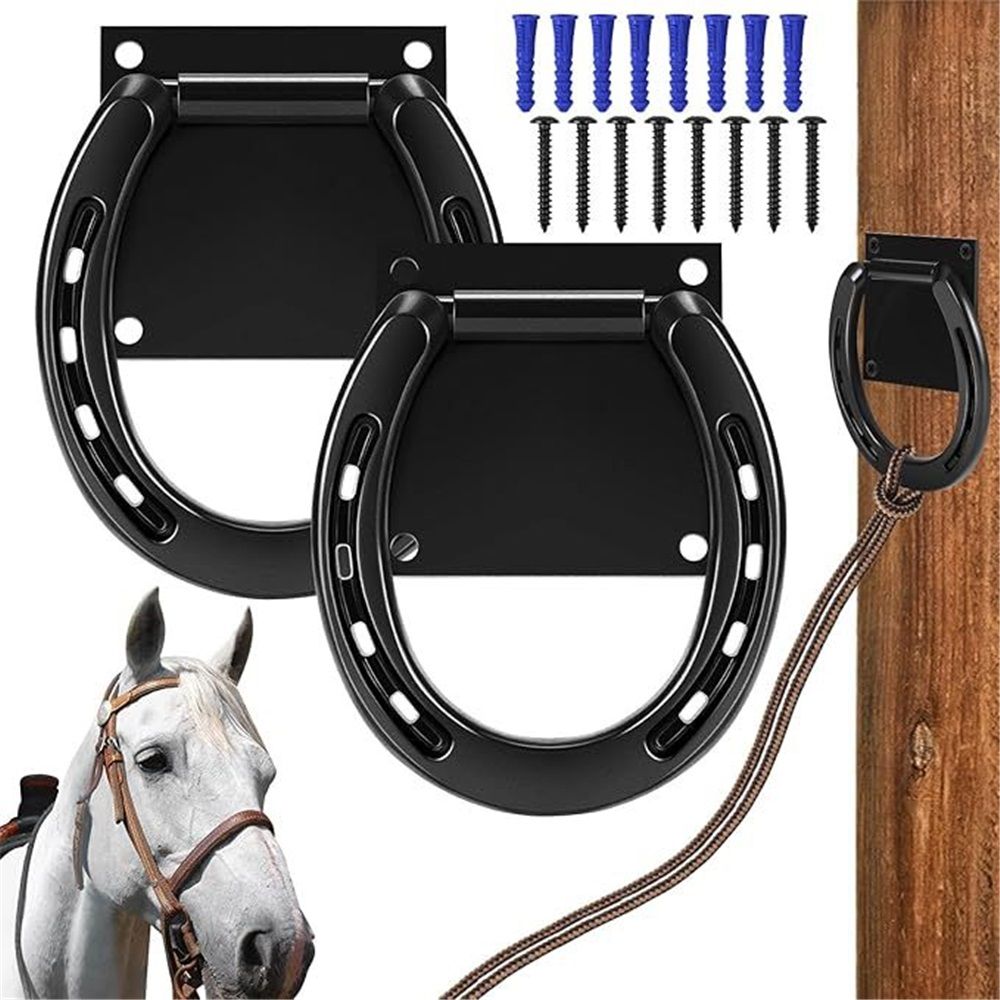 2 Set Tie Ring for Horses, Heavy-Duty Solid Steel, with Expansion Screws, 3 x 3 Inch, Horseshoe Cross Ties Down, Tack Barn Stable Supplies for Horse, Black