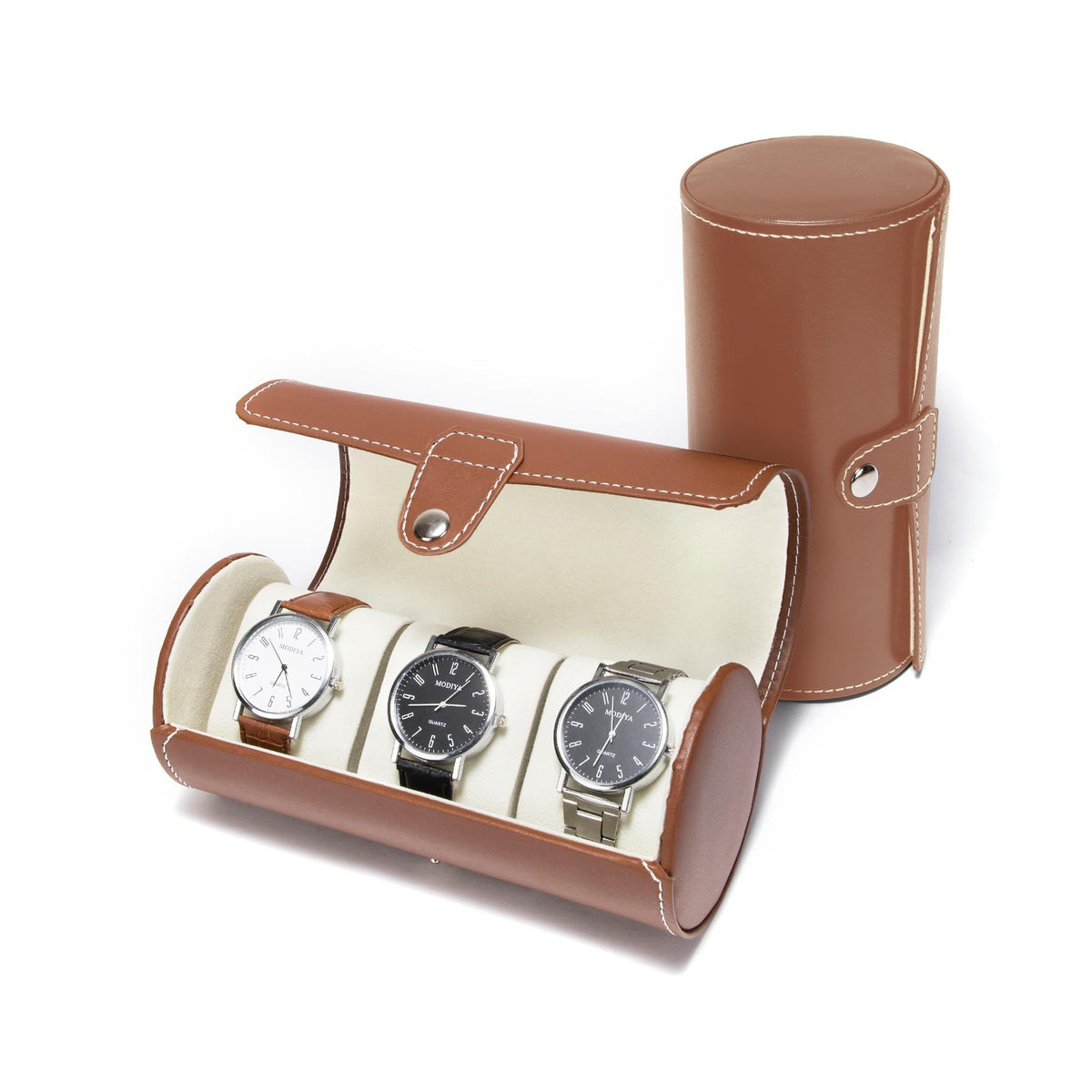 Watch Box for Men, 3 Grids Cylinder Roll Holder Wristwatch Jewelry Gift Storage Display Case (Brown)