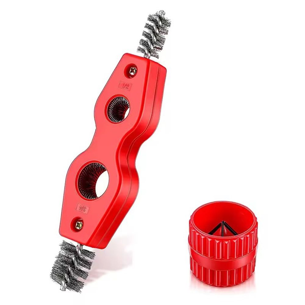 2 set 4 in 1 Copper Pipe Cleaner and Reamer Set, Tubing Brush Inside and Outside Wire Brush for Soldering, Brazing, Pipe Deburring - Red