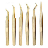 6 pack Lash Tweezers for Eyelash Extension, Professional Lash Extension Tweezer Set, High Precision Eyelash Tweezers for Volume Eyelash Extensions (Gold, 6 PCS Set)