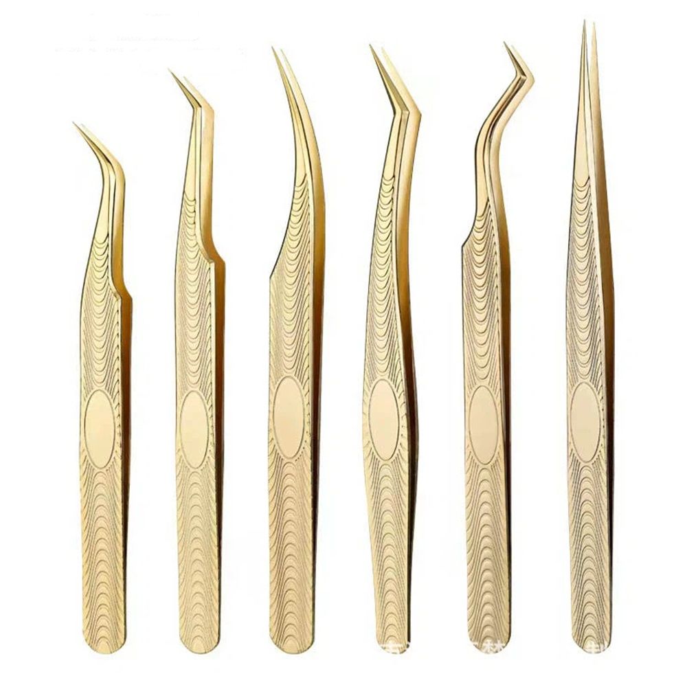 6 pack Lash Tweezers for Eyelash Extension, Professional Lash Extension Tweezer Set, High Precision Eyelash Tweezers for Volume Eyelash Extensions (Gold, 6 PCS Set)