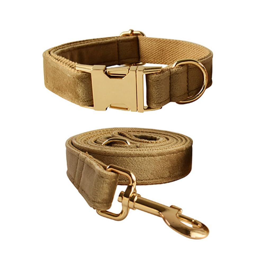 Dog Collar and Leash Set，Soft & Comfy Velvet Dog Collars with Heavy Duty Metal Buckle and Matching Lead Adjustable for Small Medium Dogs (brown)