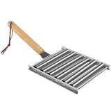 Hot Dog Roller, Sausage Roller for Grill, Stainless Steel BBQ Hot Dog Griller with Extra Long Wood Handle, Evenly Cooked Hotdogs, 6 Rollers for 5 Hot Dogs（16.5*14*3.5cm）