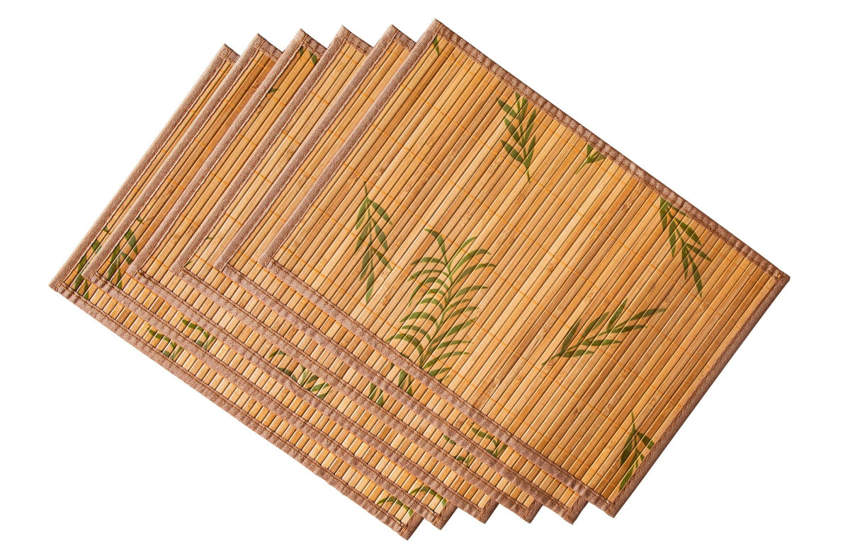 Placemats Set of 6, Bamboo Table Mats Set with Leaf Pattern, 17.7'' × 11.8'' Woven Placemat, Washable Heat-Resistant Place Mats for Kitchen, Brown Leaf