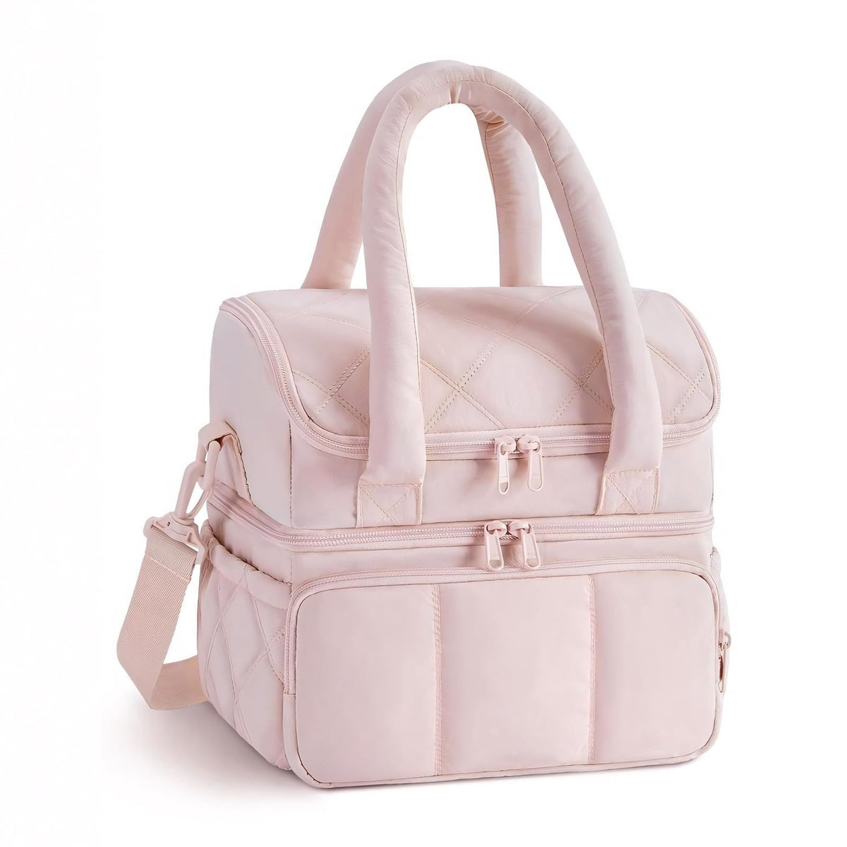Insulated Lunch Bag Lunch Box for Women,Double Deck Leakproof Cooler Tote with Adjustable Shoulder Strap,Quilted Puffer Design & Durable pink