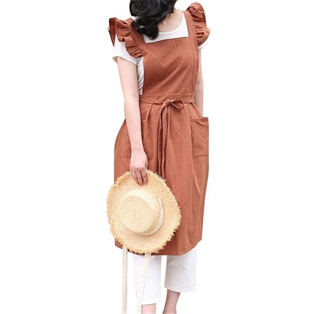Cotton Linen Apron for Women Girls Cross Back Kitchen Cooking Aprons with Pockets Vintage Baking Gardening Work Apron  Dress Cute Work Art Painting Florist Shop Overalls Brown One Size