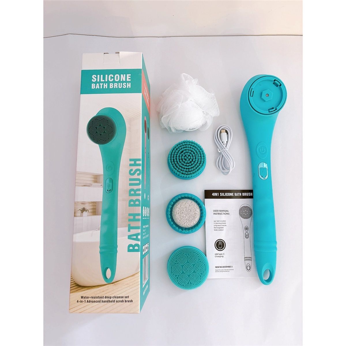 Electric Body Brush Back Scrubber Silicone Body Scrubber Two-Way Rotating Brush Head for Deep Cleaning, Exfoliation, 4 Attachments Long Handle IPX6 Rechargeable Shower Brush (Blue)