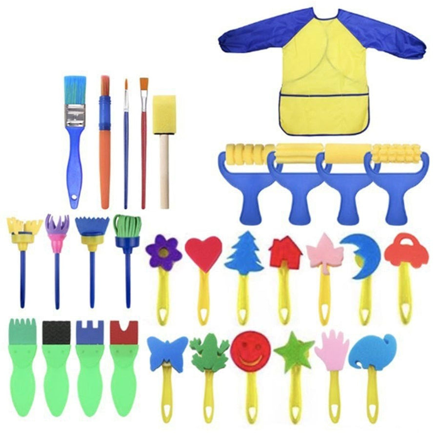 Paint Sponges for Kids,31 pcs of Fun Paint Brushes for Toddlers.Coming with Roller,Flower Pattern Brush, Brush Set, Long Sleeve Waterproof Apron with  Roomy Pockets