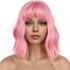 14Inches Loose Wave  Wig Wavy Pink Bob Wig with Air Bang Curly Hair Wigs Synthetic Cosplay Party Wigs for Women (14Inches,Solid Pink)