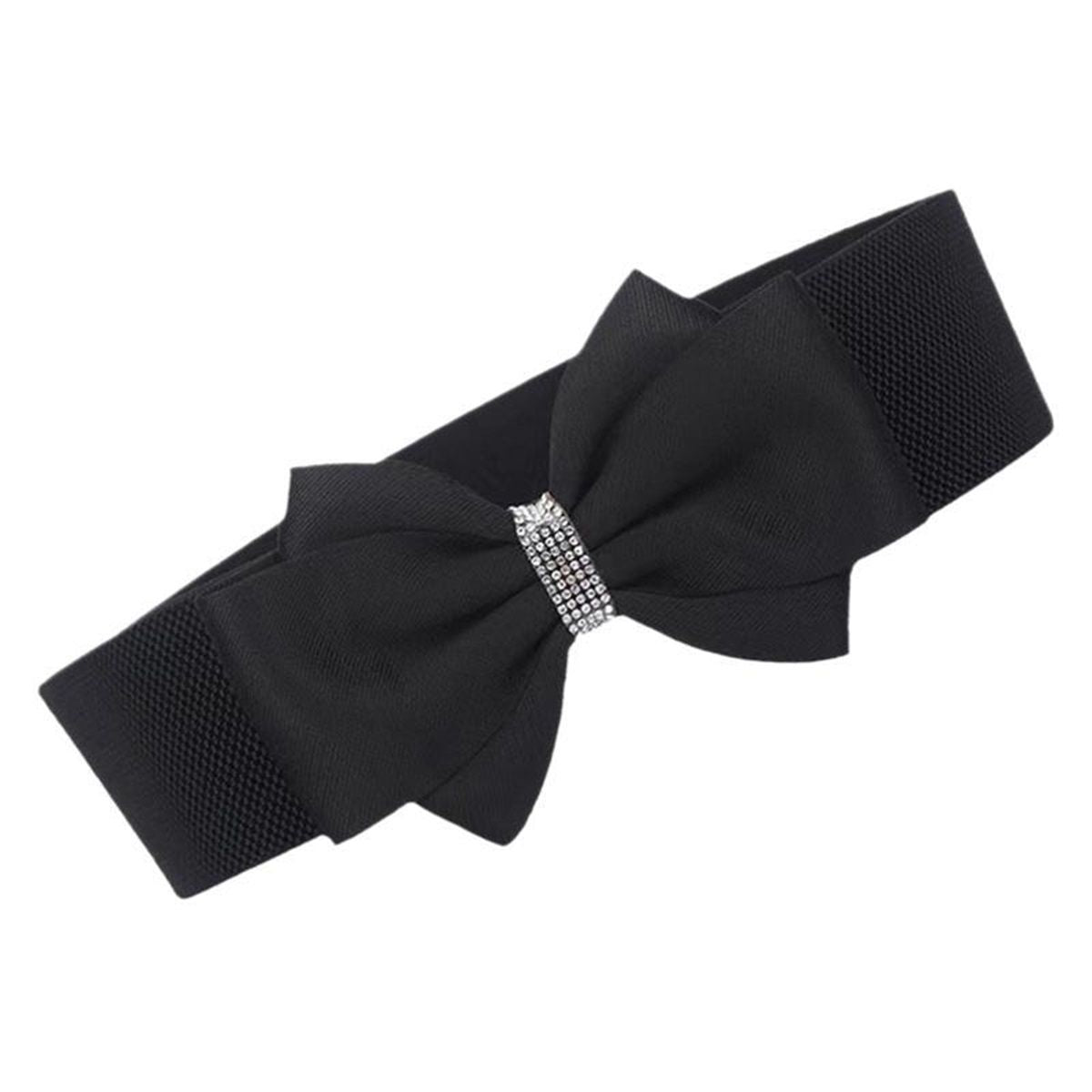 Women's Rhinestone Bow Elastic Wide Belts Stretchy Waist Buckle Belt Women's Circle Rhinestone Elastic Bow Belt Wide Stretch Belts Ladies Waist Accessories for Dress