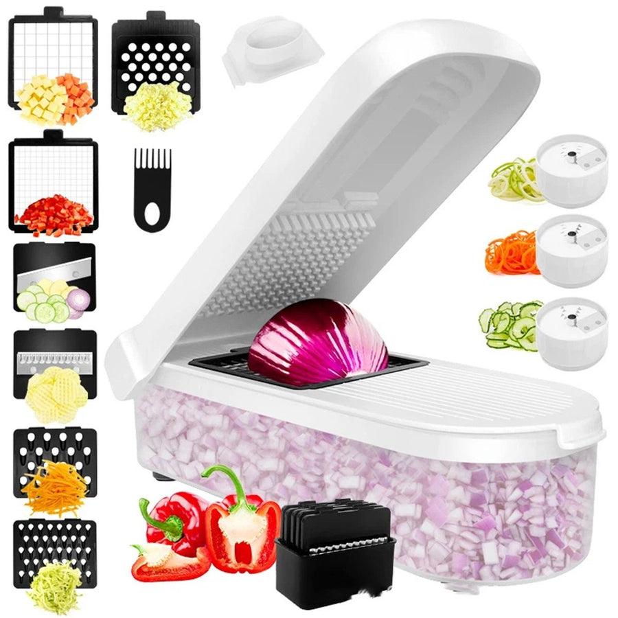 Vegetable and Fruit Chopper with  Base, Stainless Steel Blades, Dishwasher Safe Veggie Slicer, Dicer, Cutter for Onions, Potatoes, and More - White Container Included