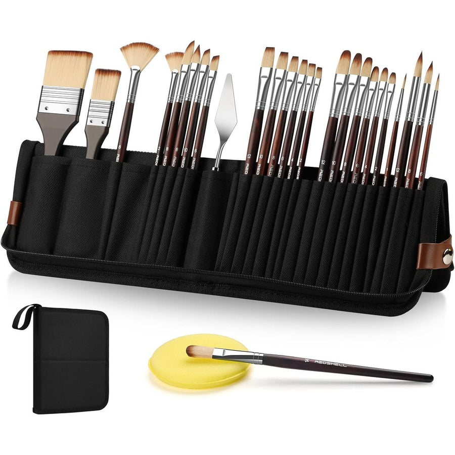 25pcs Paint Brush Set, Travel Watercolor Acrylic Paint Brushes with Flat, Fan, Dagger, Cat Tongue, Round, Palette Knife, Professional Paintbrush Kit for Artist, Oil, Face Painting