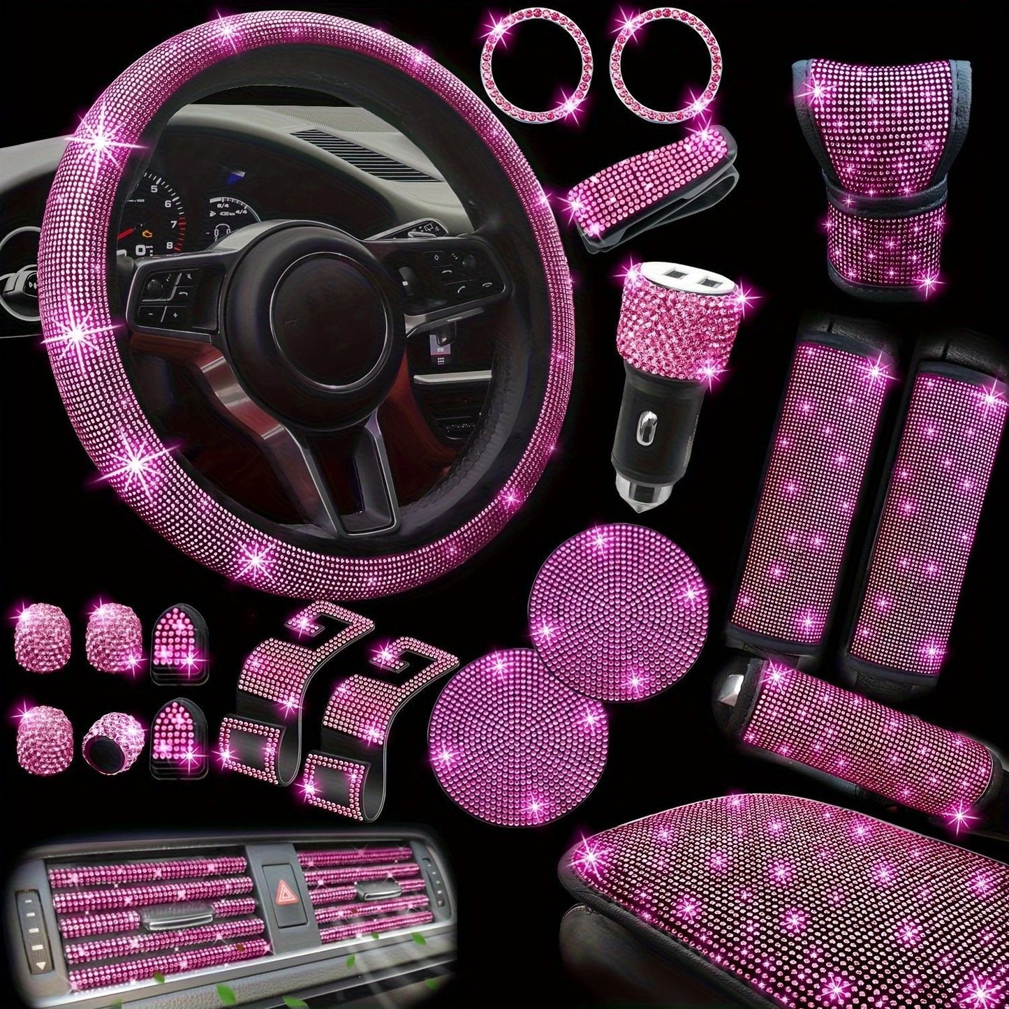30Piece Bling Car Accessories Set - Universal Fit Steering Wheel Covers, License Plate Frames, Phone Holder, Car Fast Charger, Coasters rose pink