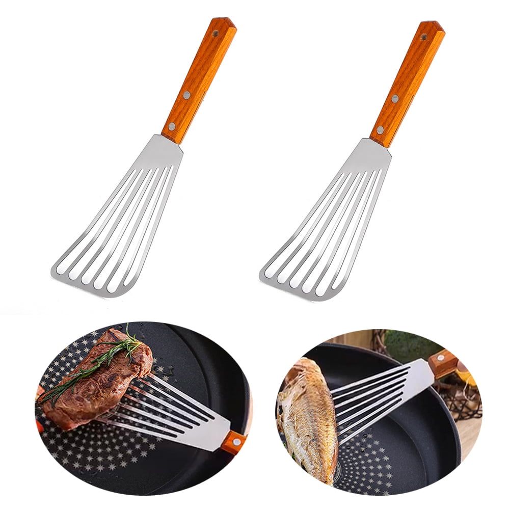 Set of 2,  Stainless Steel Slotted Spatula Turner with Riveted Wooden Handle, Professional Metal Spatulas Great for Kitchen Cooking Flipping Frying & Grilling
