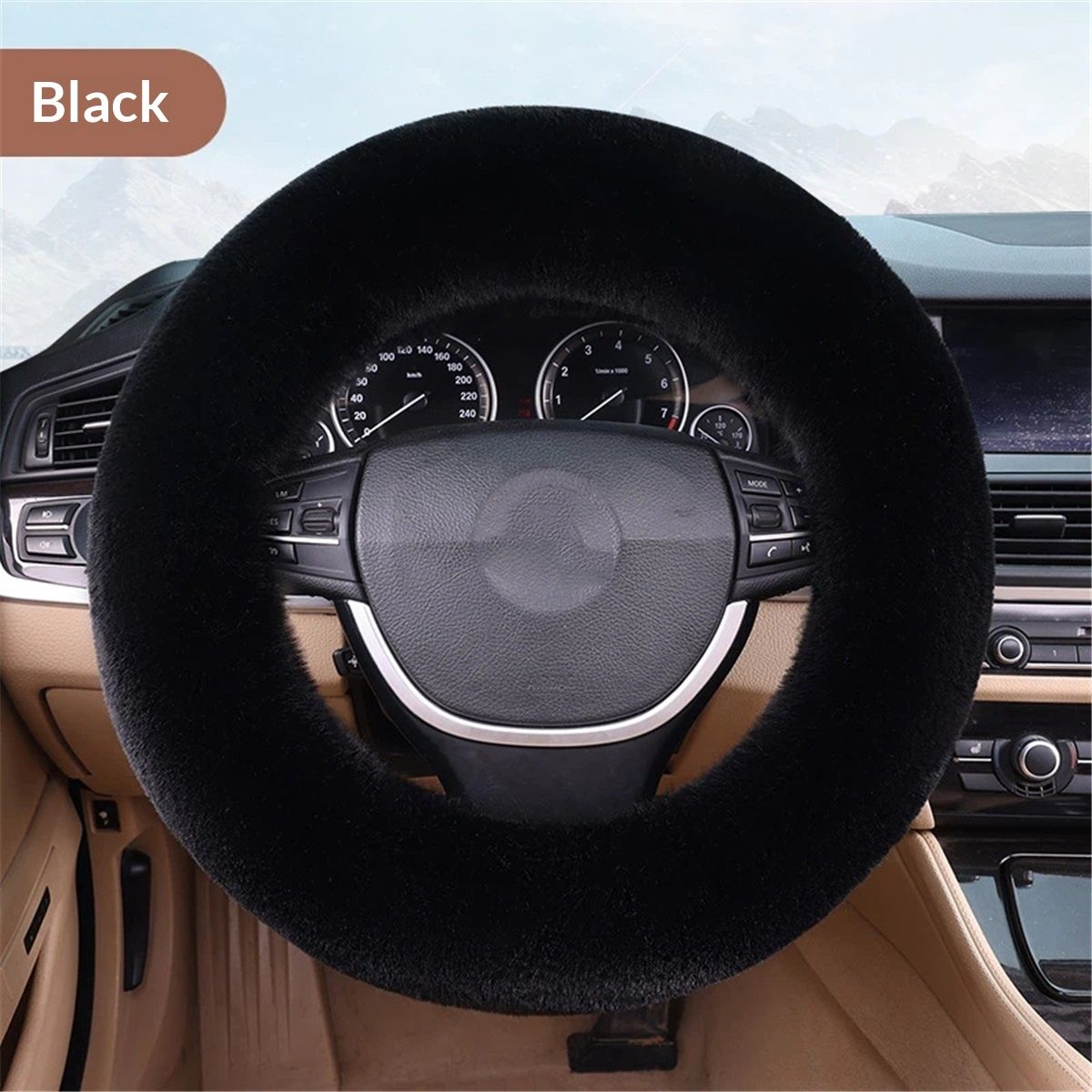 Fluffy Wool Sheepskin Fuzzy Black Car Steering Wheel Cover for Universal Auto Steering Wheel 15inch, Anti-Slip, Soft Plush, Comforting and Luxurious, Soft Texture (Black)