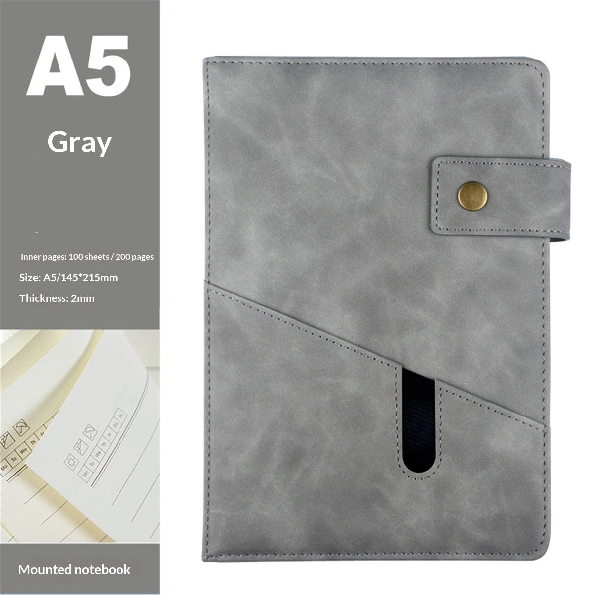 Grey A5 Lined Leather Journal Notebook for Men Women,5.9" X 8.4" Personalized Hardcover Journal 200 Pages 80 Gsm Thick Ruled Paper Daily Diary for Travel,Business,Work,Writing