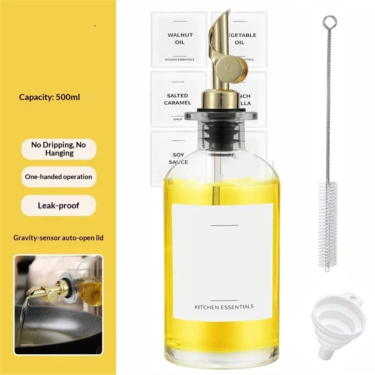 Olive Oil Dispenser Bottle - Includes  Kitchen Essential Labels - Cooking Oil Bottles for Kitchen, Coffee Syrup Dispenser - Pourer Spout with 16.9 fl oz Glass Container Cruet - 2pcs, Gold
