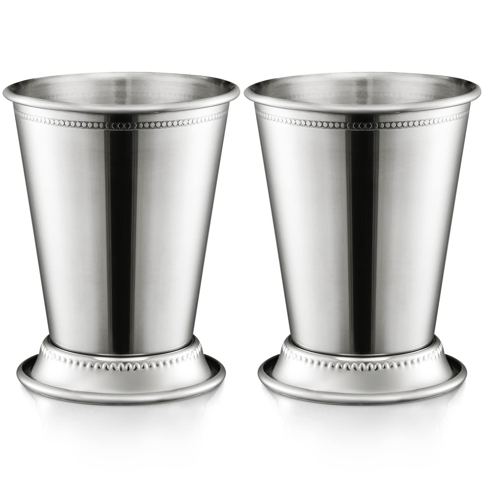 Mint  Cup Beautifully Handcrafted - 12oz 4.5" Tall Silver Glasses, Classic Stainless Steel Cocktail Glasses with Beaded Trim Border for Party Beer Juice Beverage Bar Home Restaurant