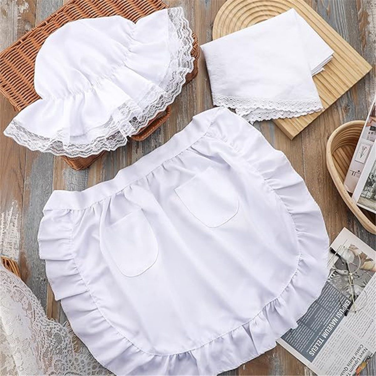 Costume Women Set White Mob Cap Bonnet Shawl Waist Apron Pilgrim Costume Accessories Girl  3pcs
