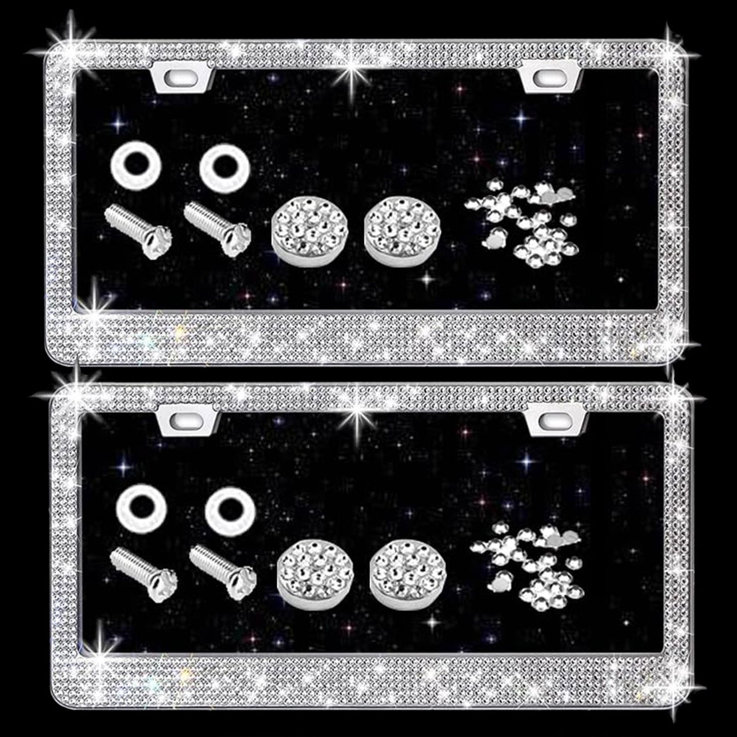Bling License Plate Frame for Women, 4Pack Rhinestone Handcrafted Crystal Premium Stainless Steel, Stainless Steel Car Accessories with Diamond Sparkle Glitter Caps (White+black)